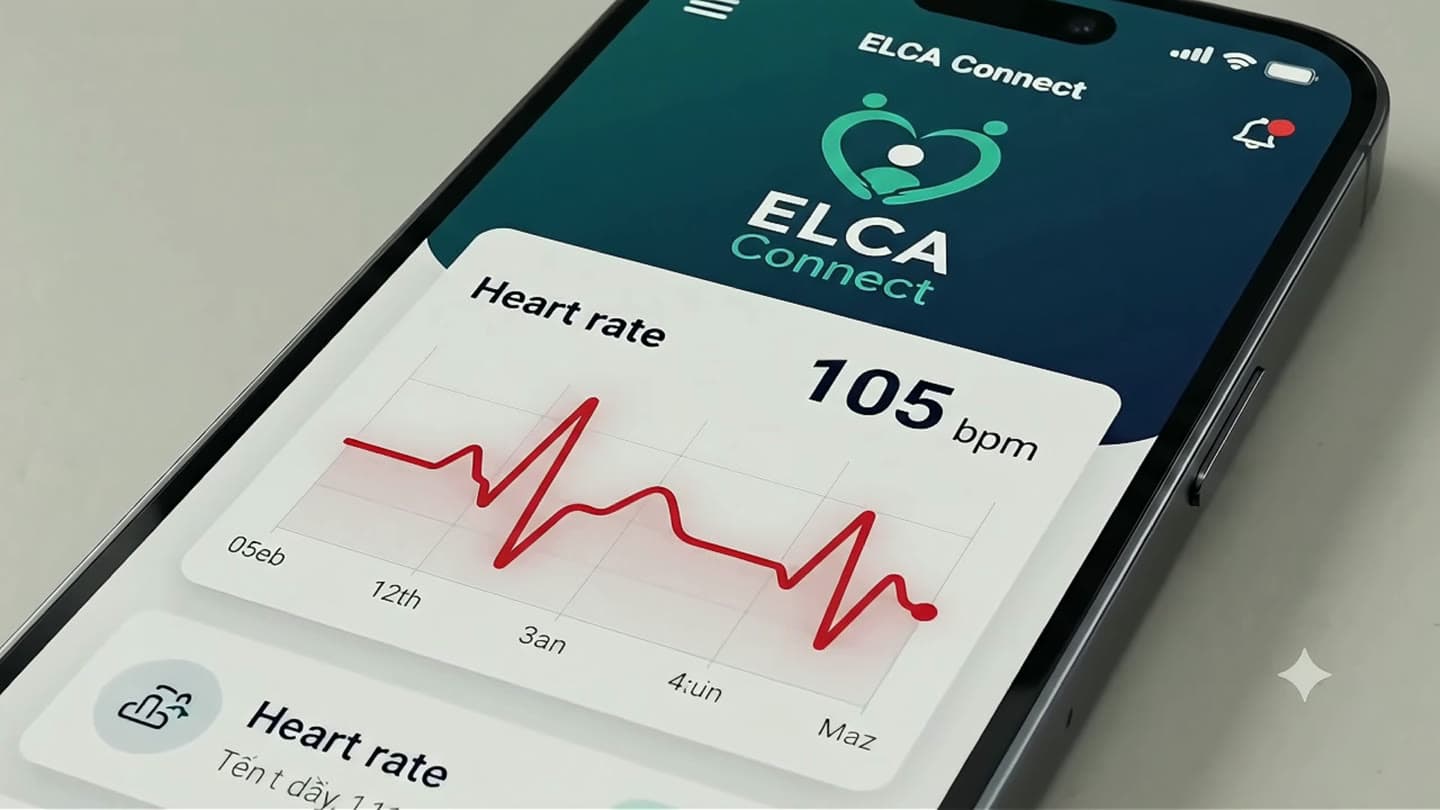 Ứng dụng ELCA Connect hiển thị biểu đồ nhịp tim theo thời gian thực